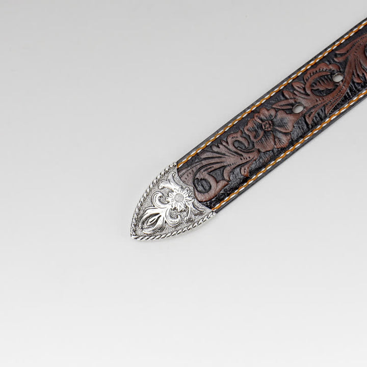 Ceinture en cuir gravé à fleurs vintage pour femme couleur café