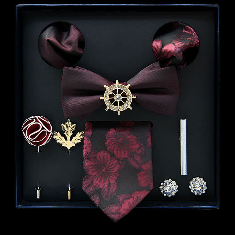 Lot de 8 nœuds papillon décontractés à fleurs bordeaux et noires, coffret cadeau - Bordeaux et noir - image 0