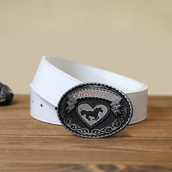 Ceinture en cuir à boucle relevée argentée pour femme avec motif cowgirl