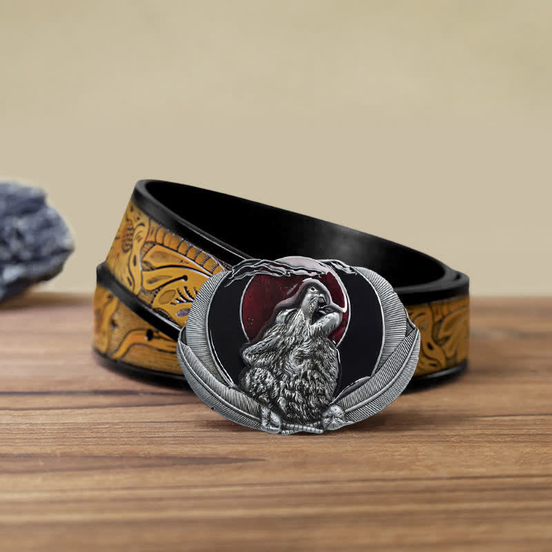 Ceinture en cuir à boucle ovale pour homme avec motif loup hurlant et lune
