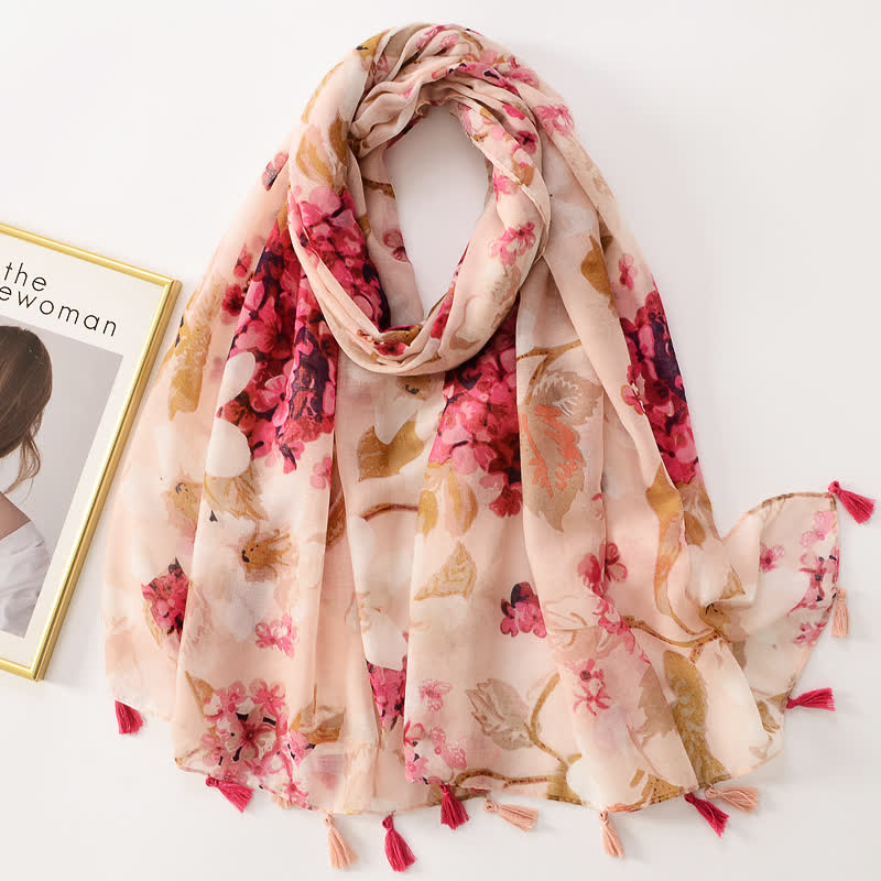 Écharpe fine à pompon et motif papillons floraux pour femme