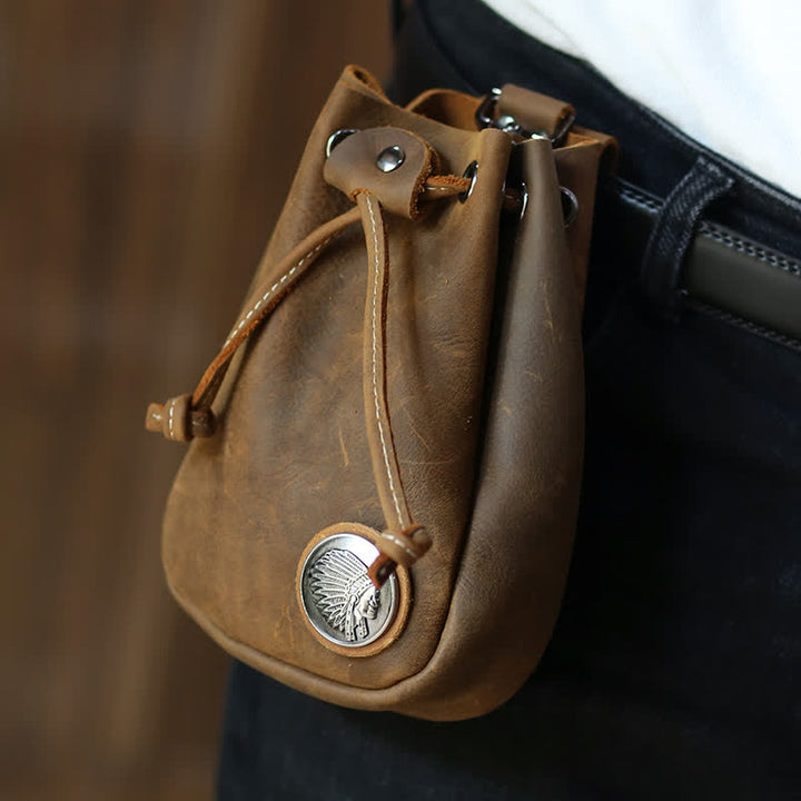 Petit portefeuille, porte-monnaie, sac ceinture en cuir avec cordon de serrage