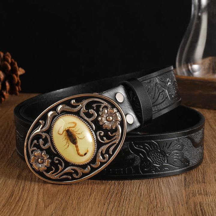 Ceinture en cuir à boucle pour homme avec motif animal, scorpion et fleur
