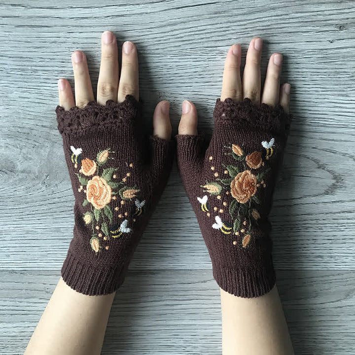 Gants tricotés demi-doigts brodés de fleurs pour femmes