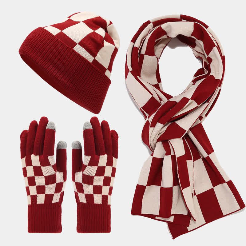 Ensemble de 3 pièces unisexe à carreaux en damier avec bonnet, écharpe et gants