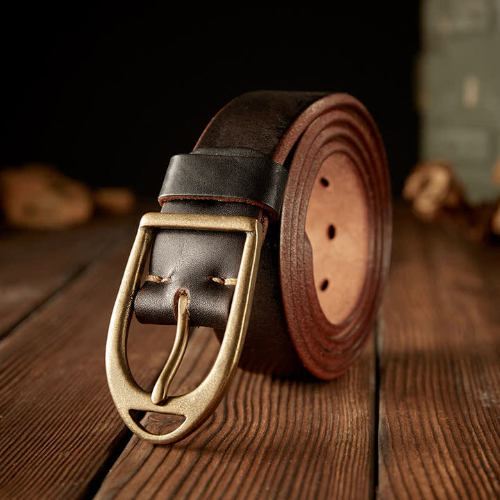 Ceinture en cuir robuste avec boucle en cuivre pour homme - Café - 46 - image 0