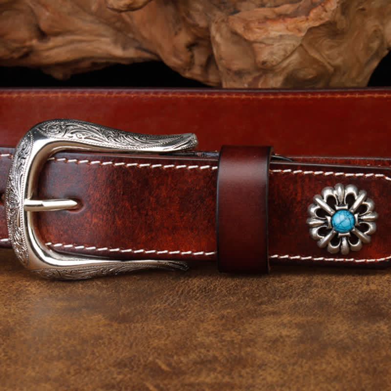 Ceinture unisexe rétro en cuir marron turquoise à fleurs