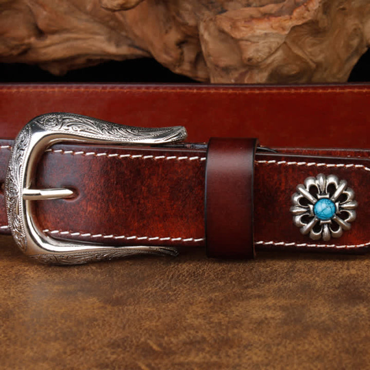 Ceinture unisexe rétro en cuir marron turquoise à fleurs