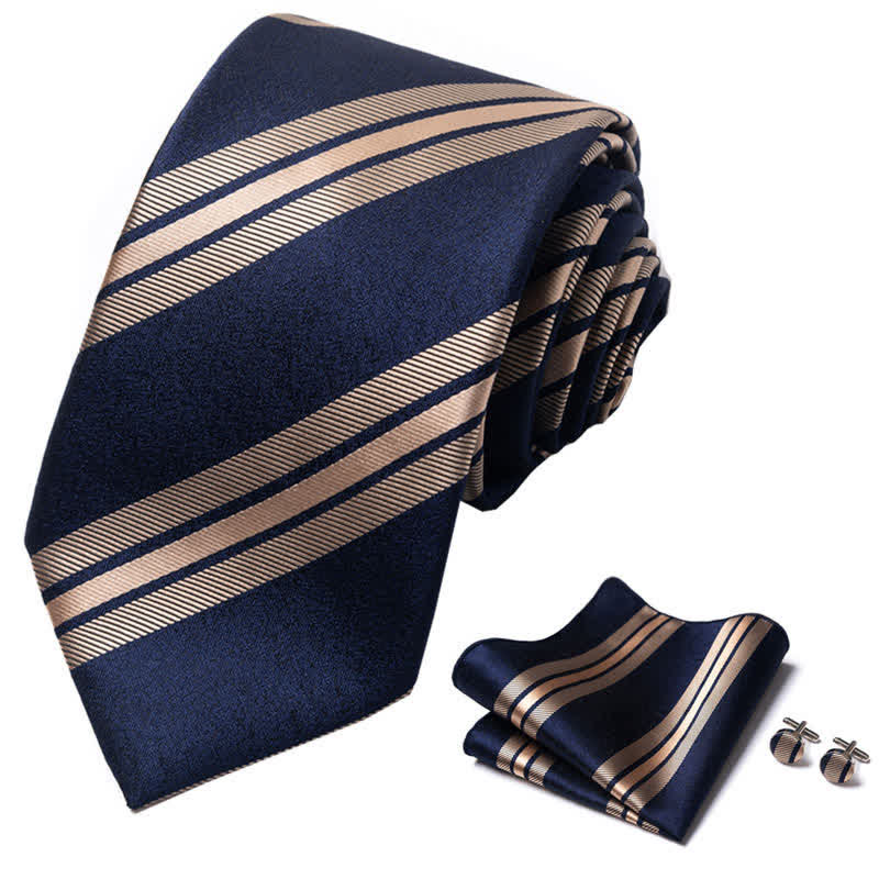 Ensemble de 3 cravates à rayures bleu marine et blé pour homme 