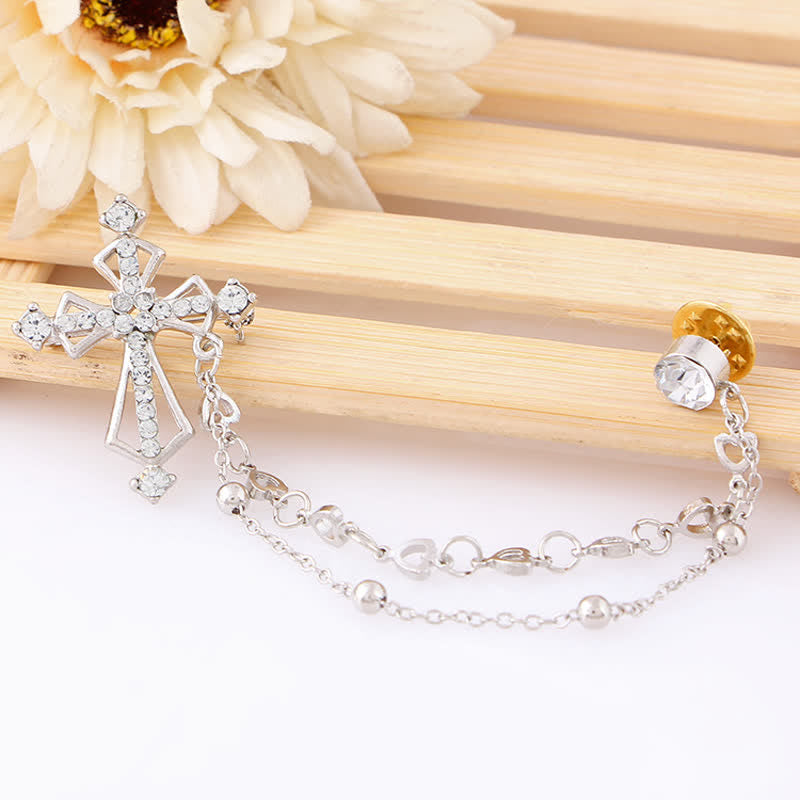 QIUMING Broche Rétro En Strass Pour Homme - Accessoire Mariage Collier Croix Cristal Chaîne Pompon Costume Élégant