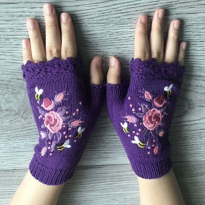 Gants tricotés demi-doigts brodés de fleurs pour femmes