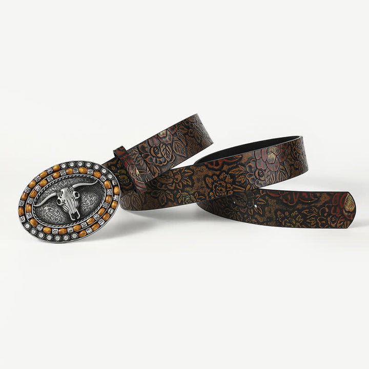 Ceinture en cuir pour homme avec perles en bois sculptées et tête de taureau