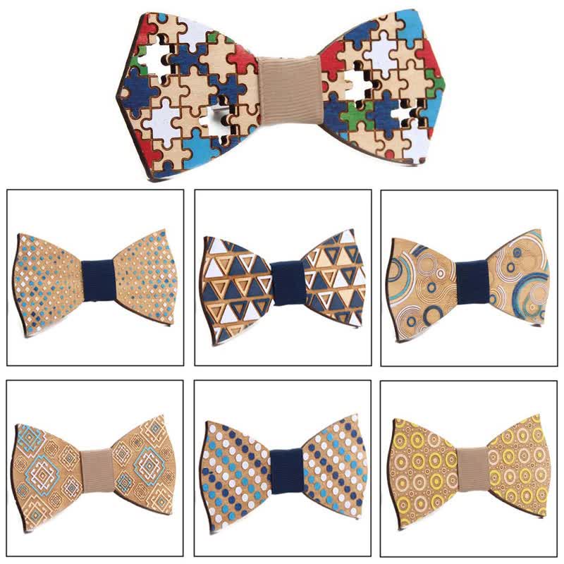 Noeud papillon en bois pour homme avec peinture de pièces de puzzle