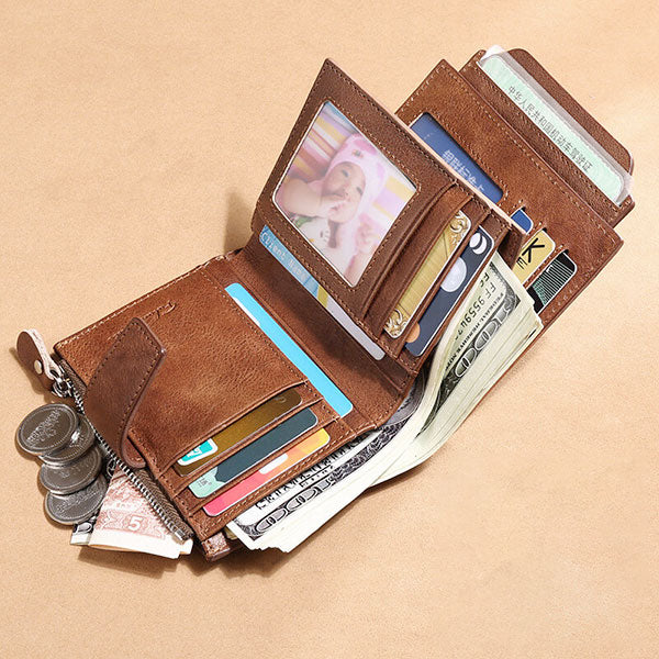 Portefeuille en cuir véritable de grande capacité avec plusieurs emplacements pour cartes et antivol RFID