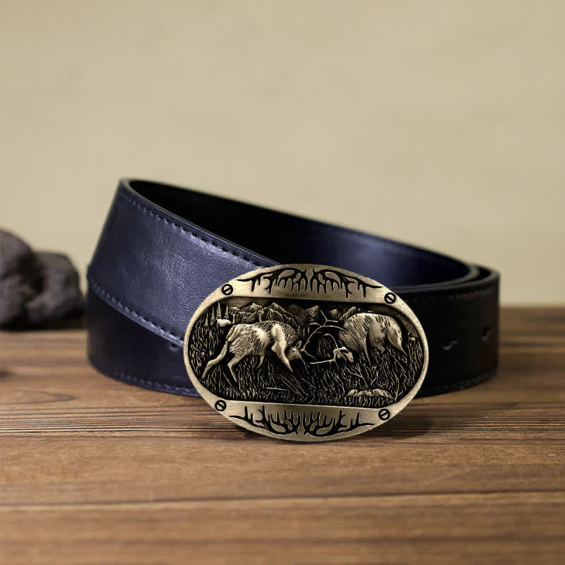 Ceinture en cuir western à boucle de cerf de combat sauvage pour homme