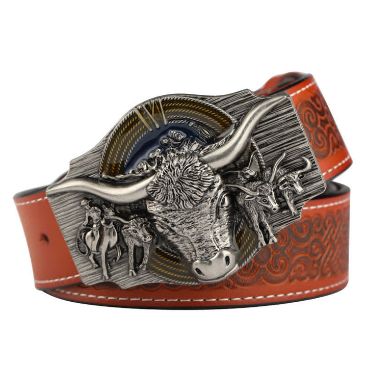 Ceinture en cuir gaufré pour homme avec motif taureau Longhorn - Orange / Argent - 46 - image 9