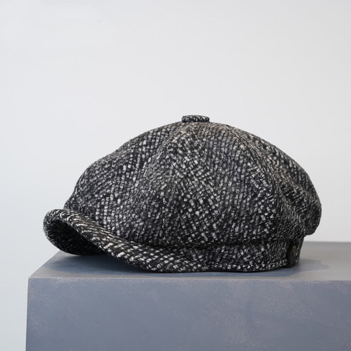 Casquette béret octogonale en tweed moucheté noir