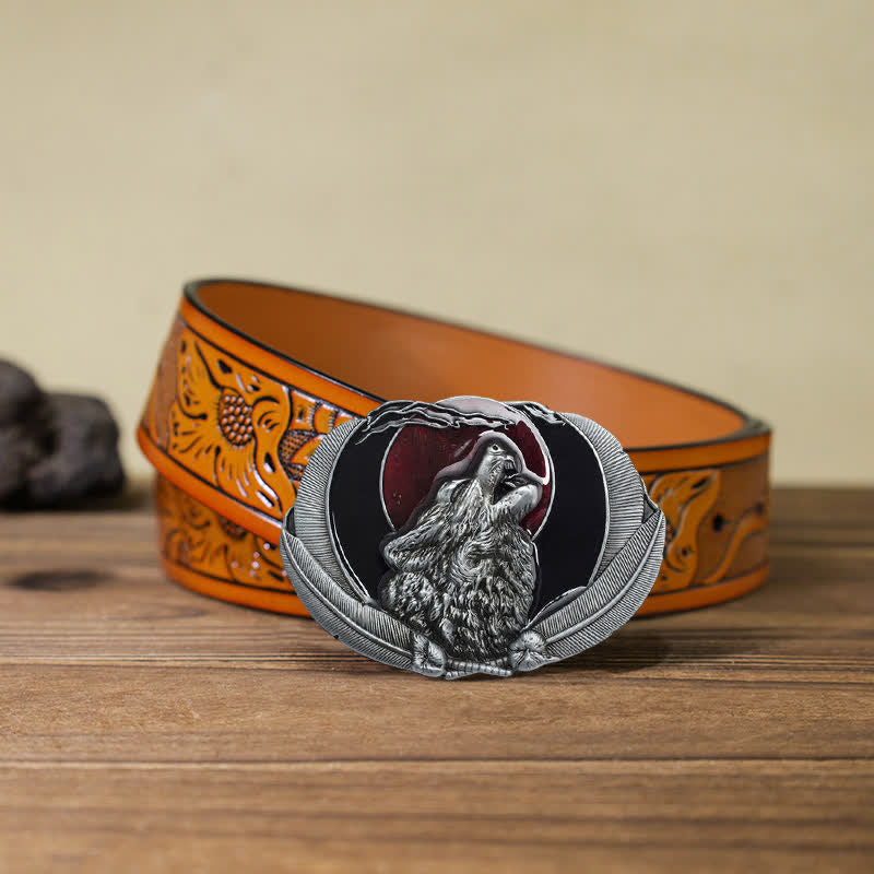 Ceinture en cuir à boucle ovale pour homme avec motif loup hurlant et lune