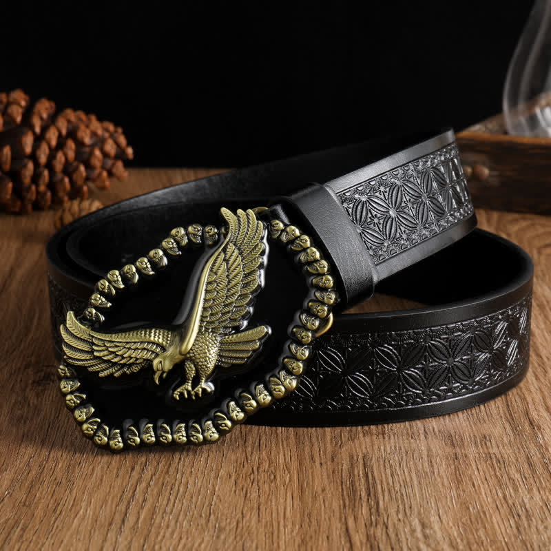 Ceinture en cuir pour homme avec motif d'aigle en or antique et faucon planant