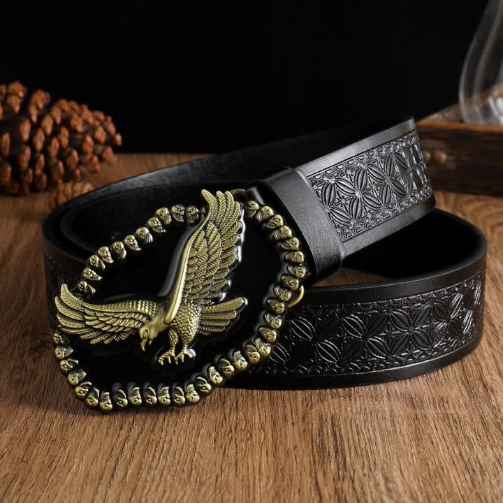 Ceinture en cuir pour homme avec motif d'aigle en or antique et faucon planant