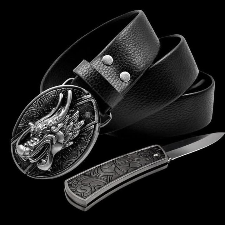 Ceinture en cuir vintage pour homme avec motif dragon 3D et couteau pliant