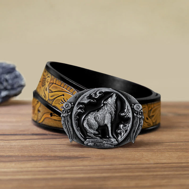 Ceinture en cuir à boucle en émail pour homme avec loup hurlant dominateur