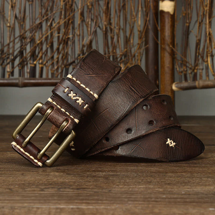 Ceinture en cuir à double boucle pour homme, effet vieilli