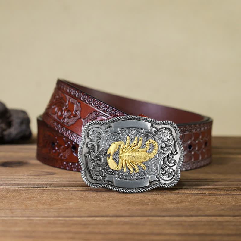 Ceinture en cuir à boucle animalière sculptée en or pour homme - Scorpion - Ceinture marron sculptée (40) - image 61