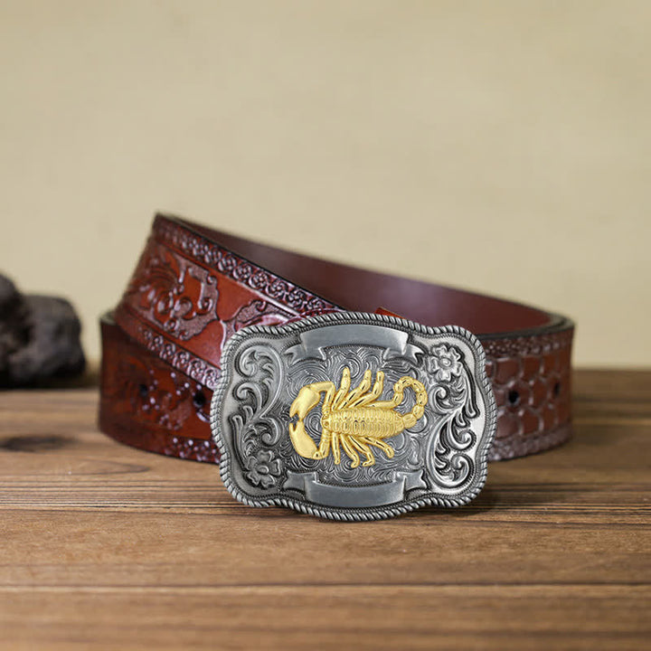 Ceinture en cuir à boucle animalière sculptée en or pour homme - Scorpion - Ceinture marron sculptée (40) - image 61