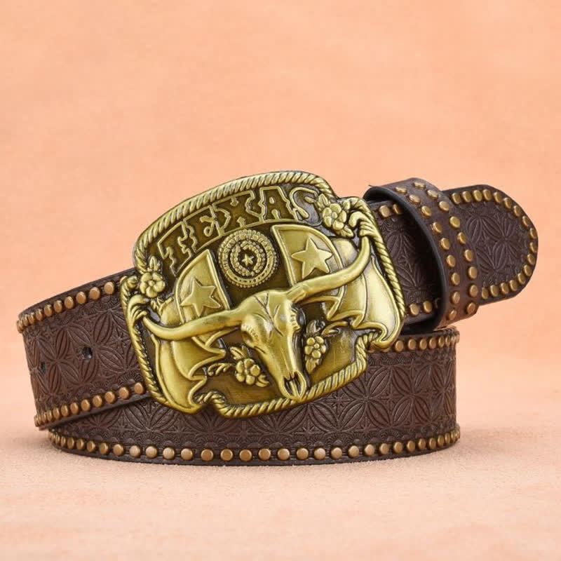 Ceinture en cuir à rivets style bœuf Longhorn antique pour homme