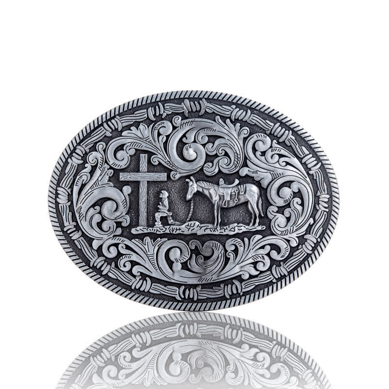Ceinture en cuir à boucle ovale pour homme avec motif cowboy priant
