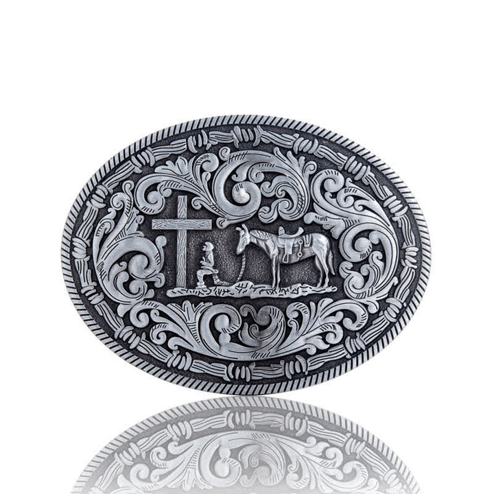 Ceinture en cuir à boucle ovale pour homme avec motif cowboy priant