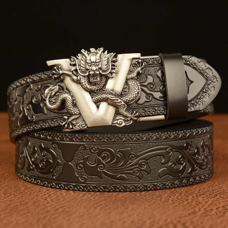 Ceinture en cuir avec motif dragon en relief et lettre V pour homme