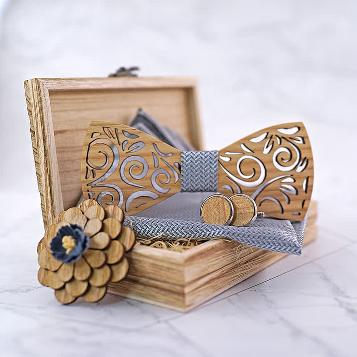 Lot de 4 nœuds papillon en bois à motif de feuilles creuses pour homme