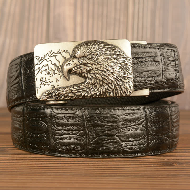Ceinture en cuir pour homme avec motif crocodile et aigle sculpté