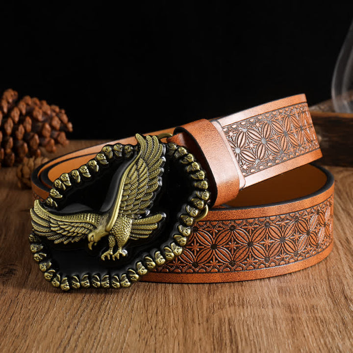 Ceinture en cuir pour homme avec motif d'aigle en or antique et faucon planant