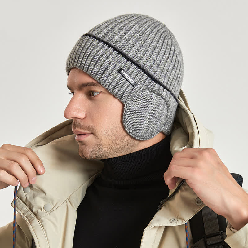 Bonnet unisexe en tricot épais et élastique avec cache-oreilles de couleur unie