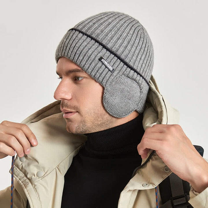 Bonnet unisexe en tricot épais et élastique avec cache-oreilles de couleur unie