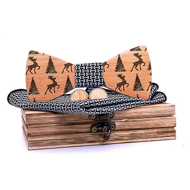 Lot de 3 nœuds papillon en bois à motif cerf et sapin de Noël pour homme