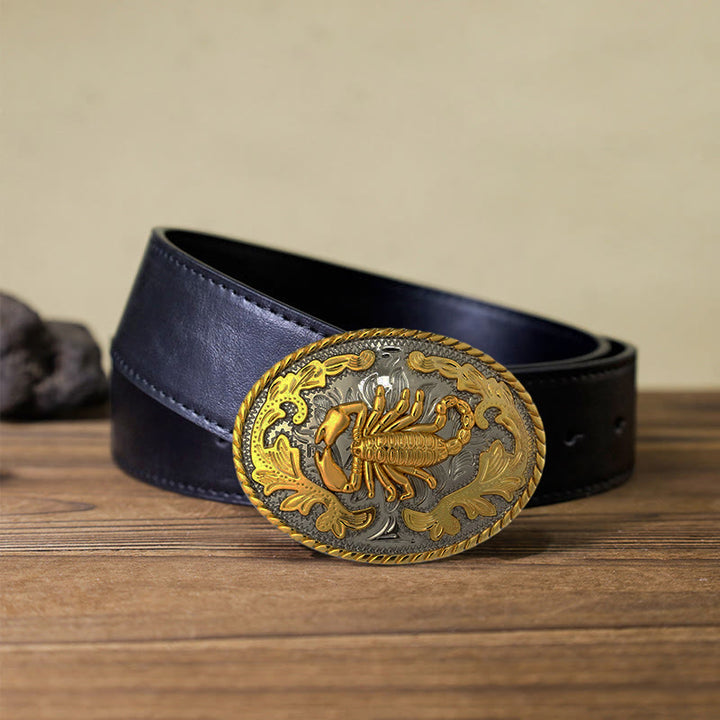 Ceinture en cuir à boucle scorpion doré pour homme