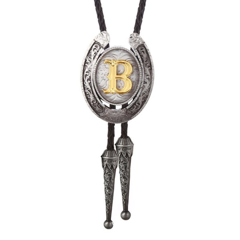 Cravate Bolo moderne avec initiales de A à Z en forme de fer à cheval de style occidental - Argent - B - image 32
