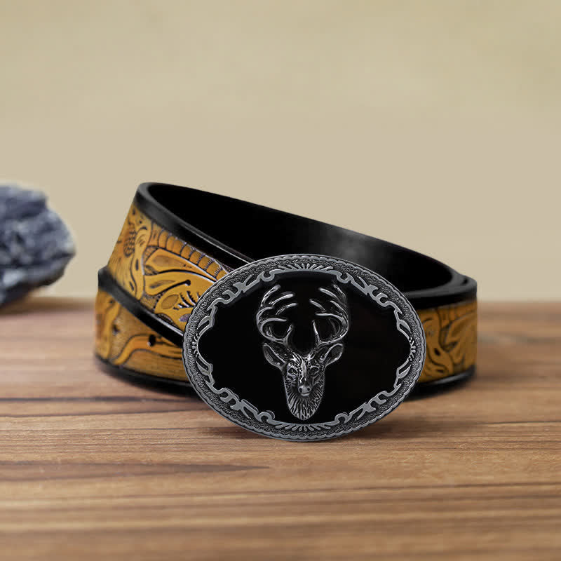 Ceinture en cuir à boucle tête de cerf noire pour homme
