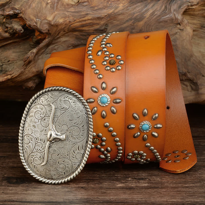 Ceinture en cuir véritable turquoise à rivets punk pour homme avec taureau à longues cornes