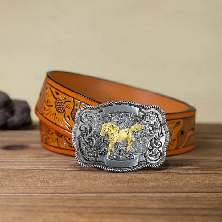 Ceinture en cuir à boucle animalière sculptée en or pour homme - Cheval - Ceinture sculptée orange (40) - image 9
