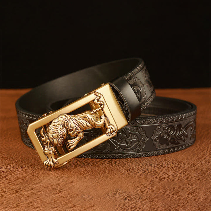 Ceinture en cuir à motif floral en relief avec boucle tigrée pour homme