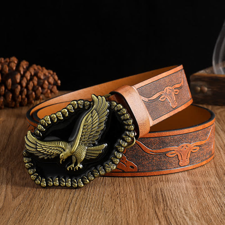 Ceinture en cuir pour homme avec motif d'aigle en or antique et faucon planant