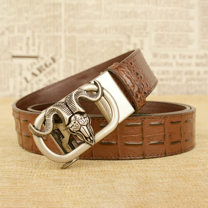 Ceinture en cuir à boucle automatique pour homme avec imprimé crocodile et tête de chèvre