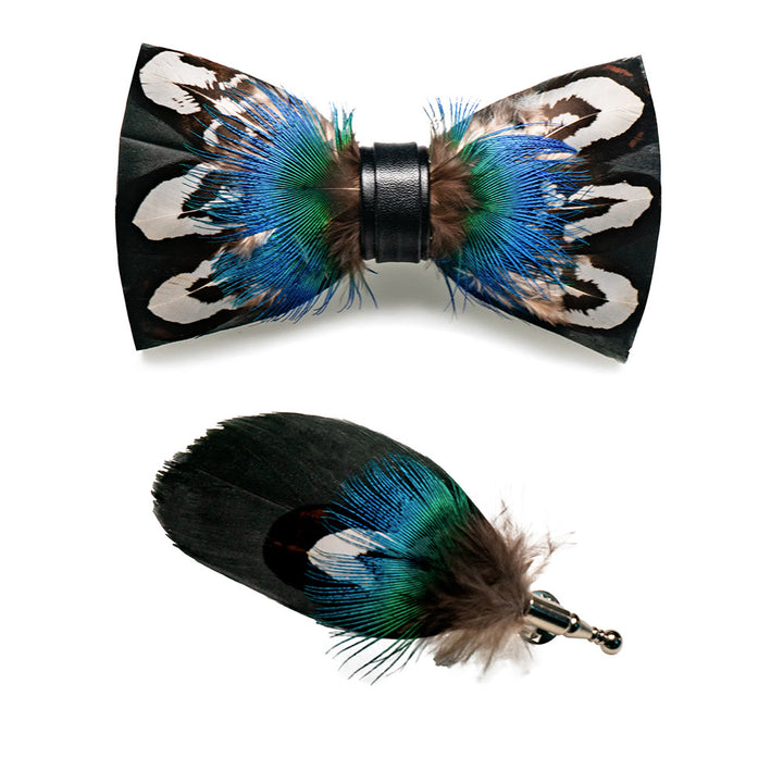 Nœud papillon en plumes de paon nobles bleu et noir avec épingle à revers