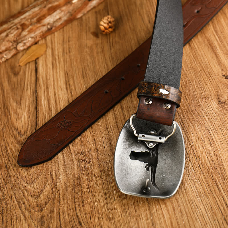 Ceinture en cuir imprimé tête de vache de style western pour homme
