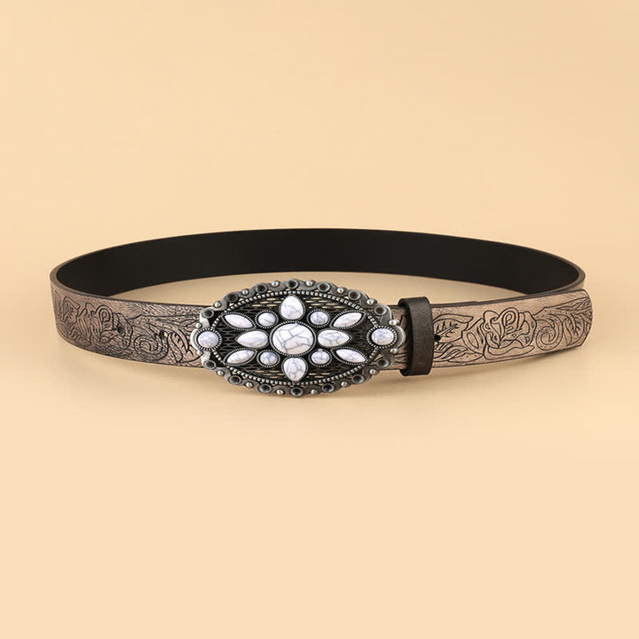 Ceinture ethnique en cuir blanc gaufré pour femme